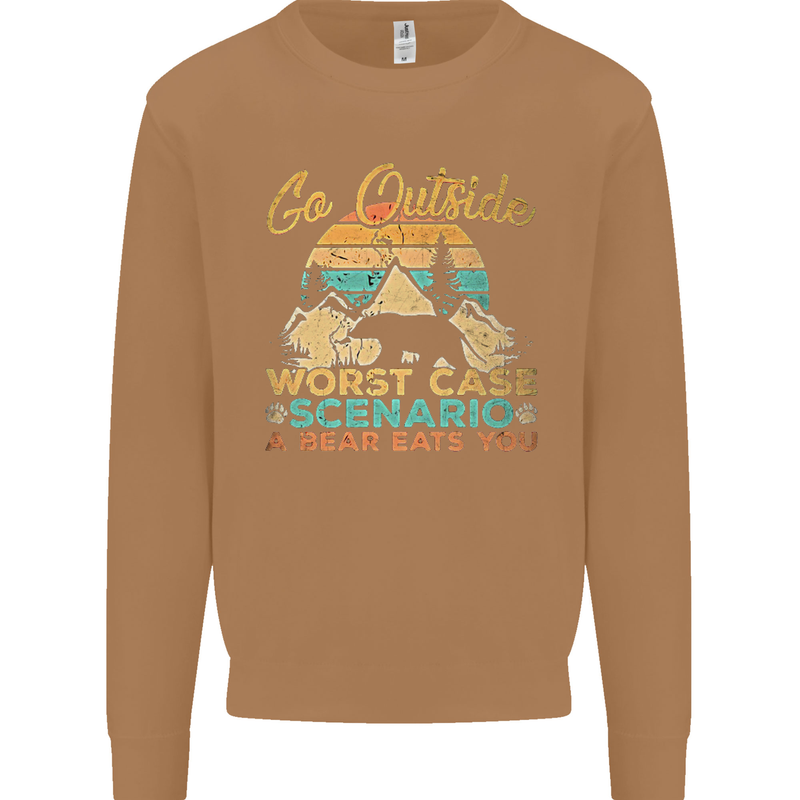 Go Outside Funny Camping Hiking Trekking Mens Sweatshirt Jumper Caramel Latte