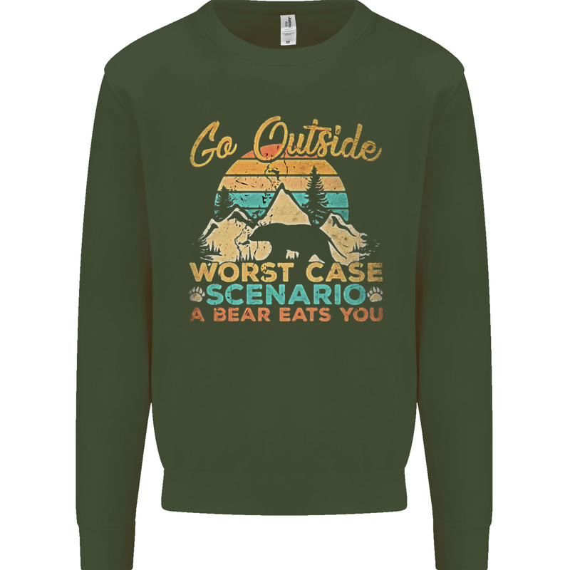 Go Outside Funny Camping Hiking Trekking Mens Sweatshirt Jumper Forest Green