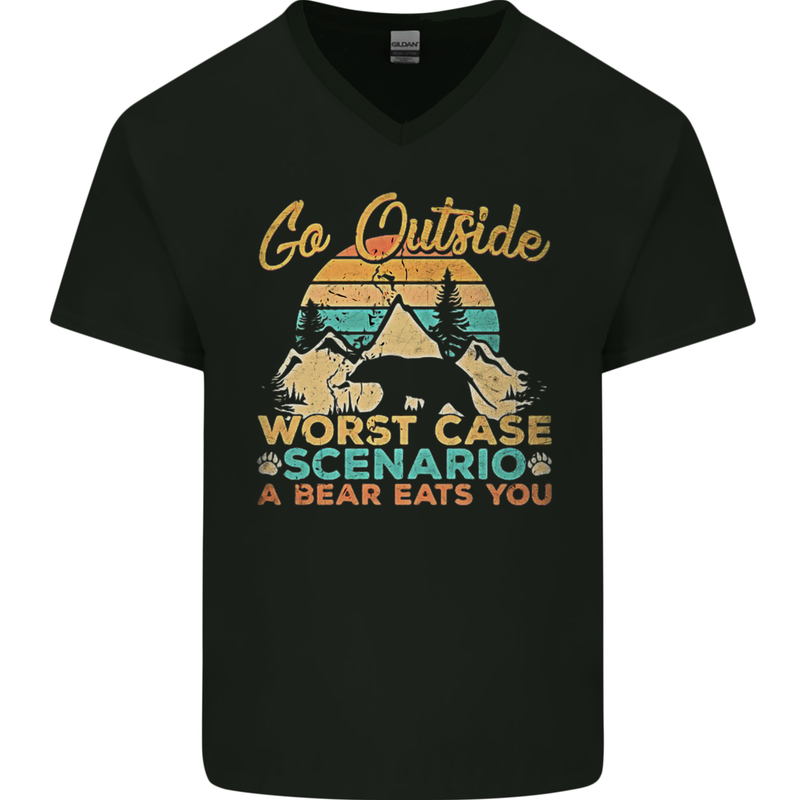 Go Outside Funny Camping Hiking Trekking Mens V-Neck Cotton T-Shirt Black