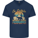 Go Outside Funny Camping Hiking Trekking Mens V-Neck Cotton T-Shirt Navy Blue