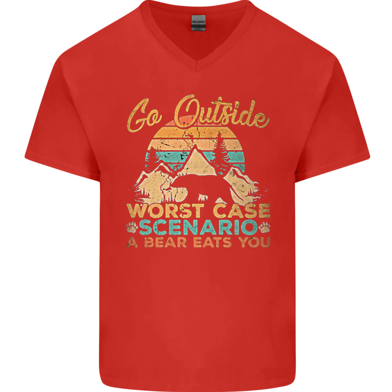 Go Outside Funny Camping Hiking Trekking Mens V-Neck Cotton T-Shirt Red