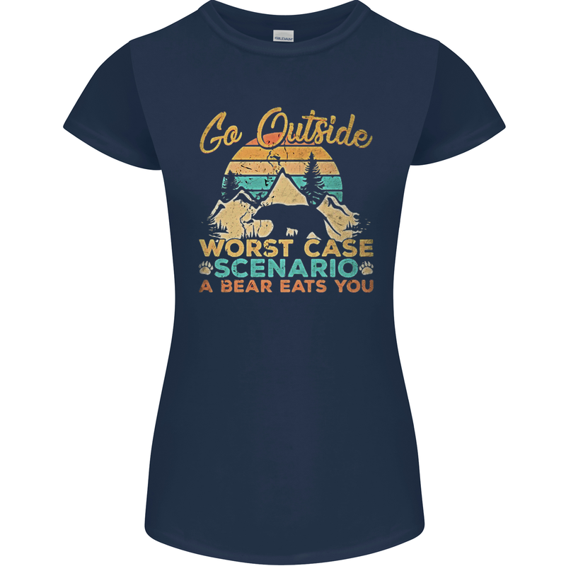 Go Outside Funny Camping Hiking Trekking Womens Petite Cut T-Shirt Navy Blue