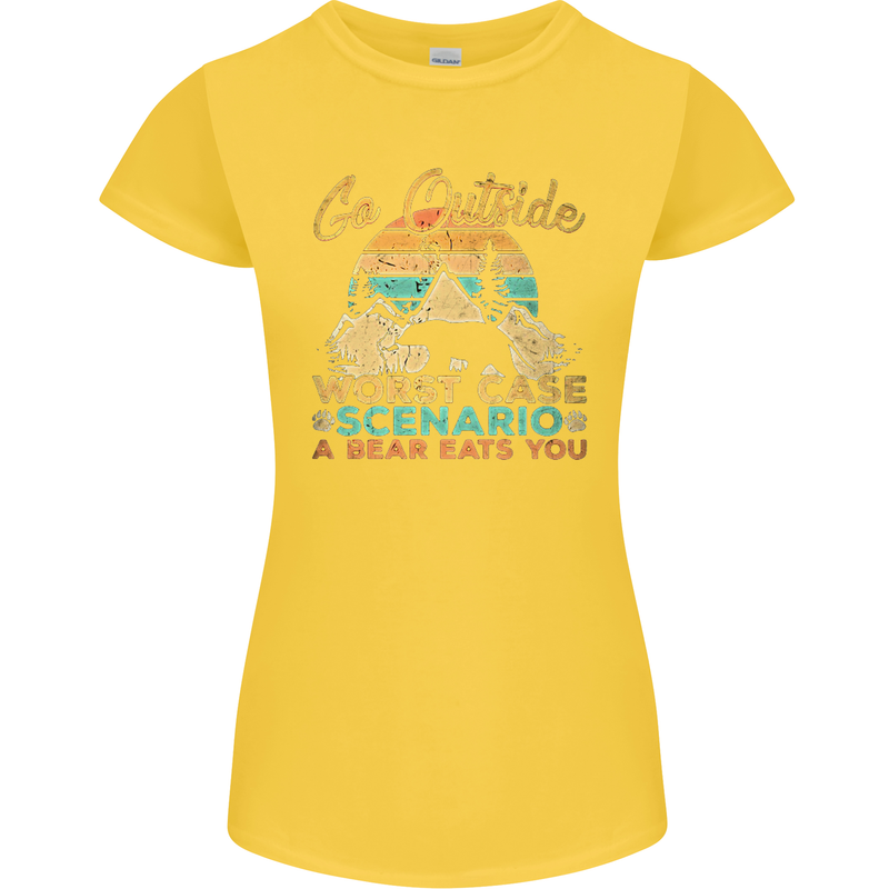 Go Outside Funny Camping Hiking Trekking Womens Petite Cut T-Shirt Yellow