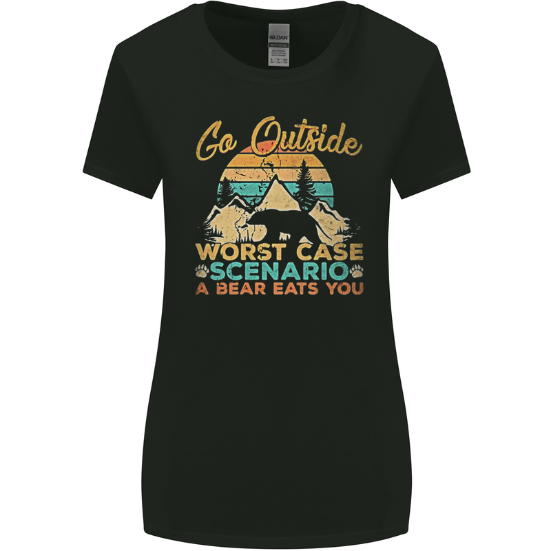 Go Outside Funny Camping Hiking Trekking Womens Wider Cut T-Shirt Black