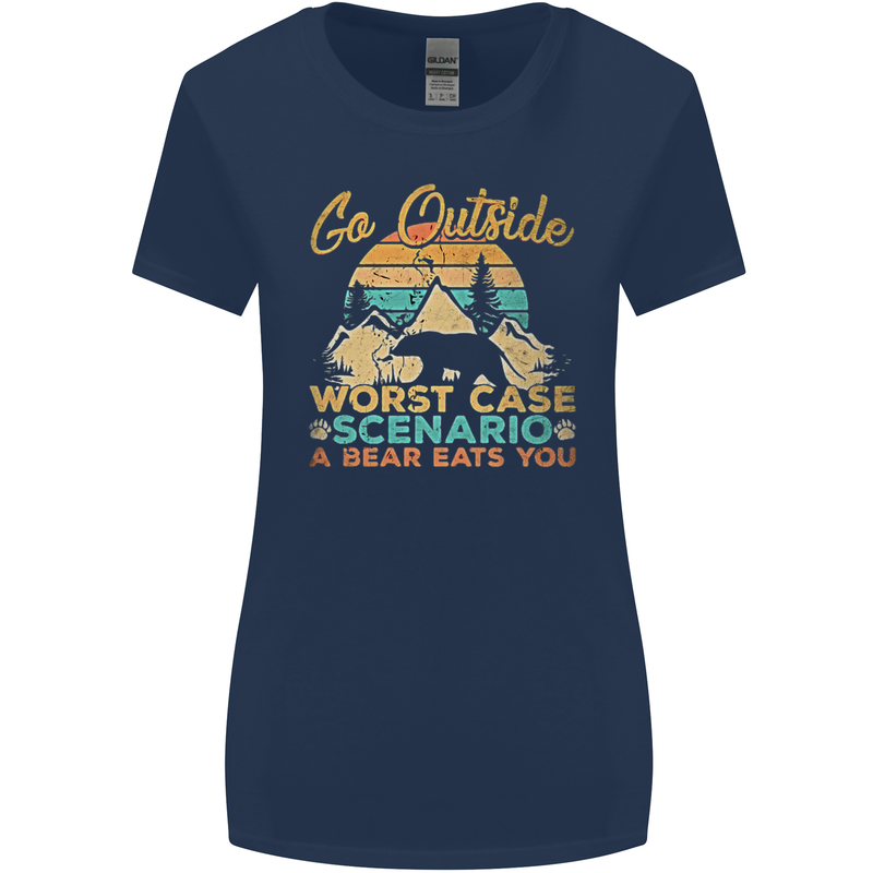 Go Outside Funny Camping Hiking Trekking Womens Wider Cut T-Shirt Navy Blue