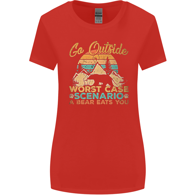 Go Outside Funny Camping Hiking Trekking Womens Wider Cut T-Shirt Red