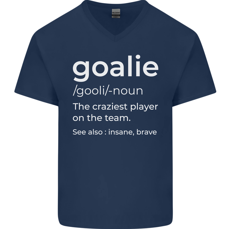 Goalie Keeper Football Ice Hockey Funny Mens V-Neck Cotton T-Shirt Navy Blue