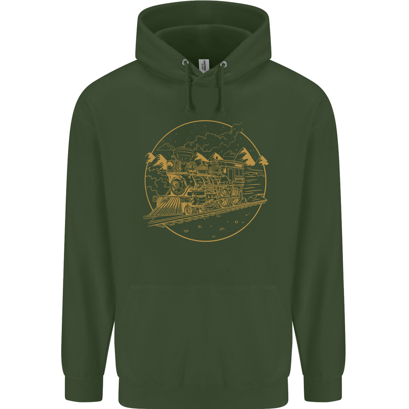 Gold Locomotive Steam Engine Train Spotter Childrens Kids Hoodie Forest Green