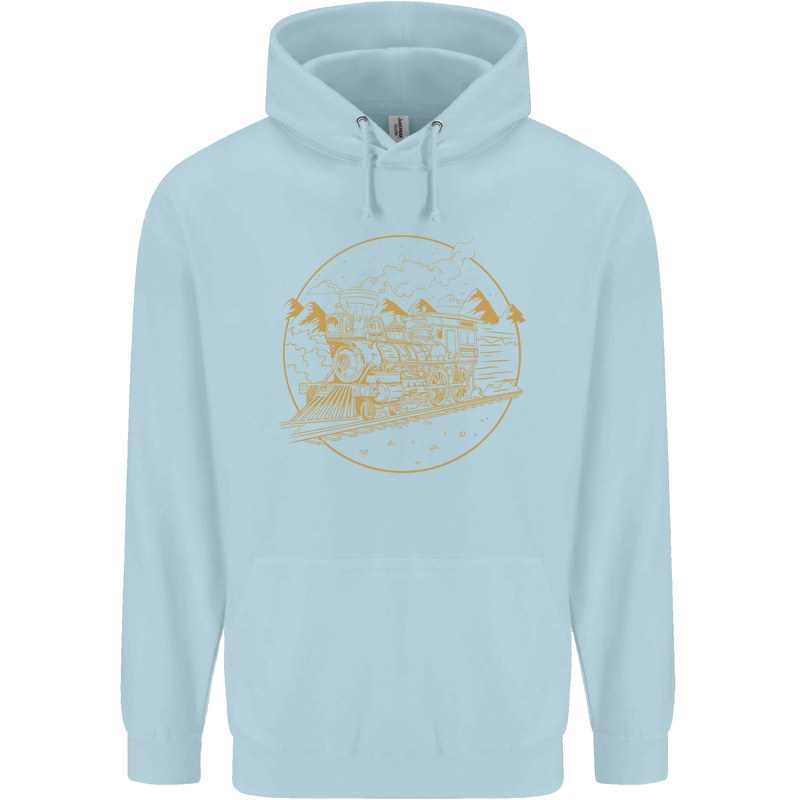 Gold Locomotive Steam Engine Train Spotter Childrens Kids Hoodie Light Blue