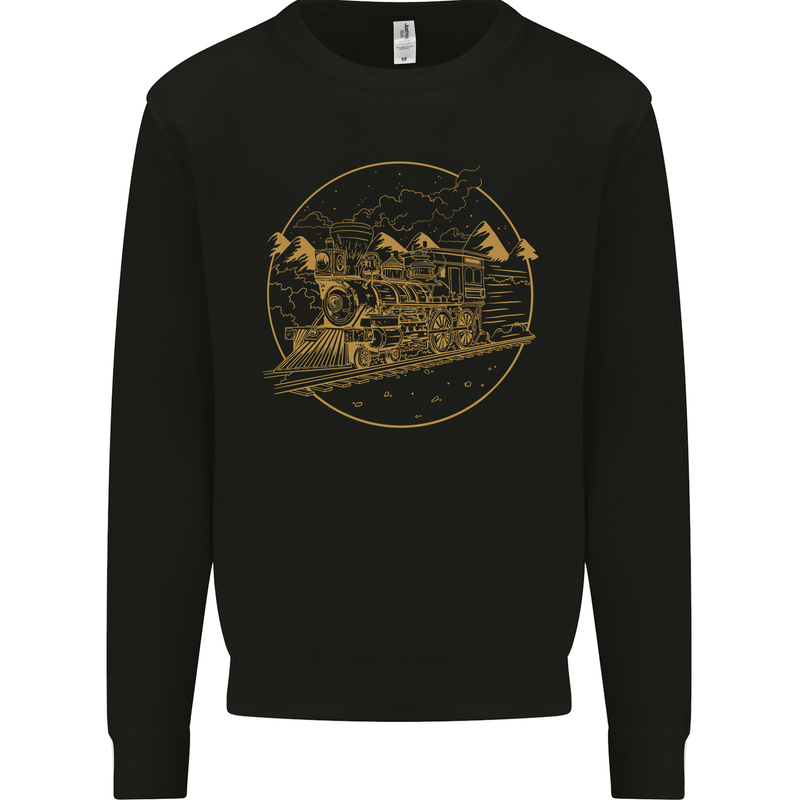Gold Locomotive Steam Engine Train Spotter Kids Sweatshirt Jumper Black