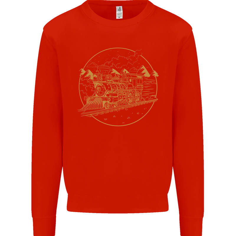 Gold Locomotive Steam Engine Train Spotter Kids Sweatshirt Jumper Bright Red