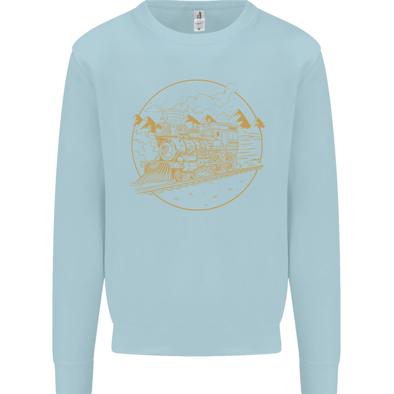 Gold Locomotive Steam Engine Train Spotter Kids Sweatshirt Jumper Light Blue