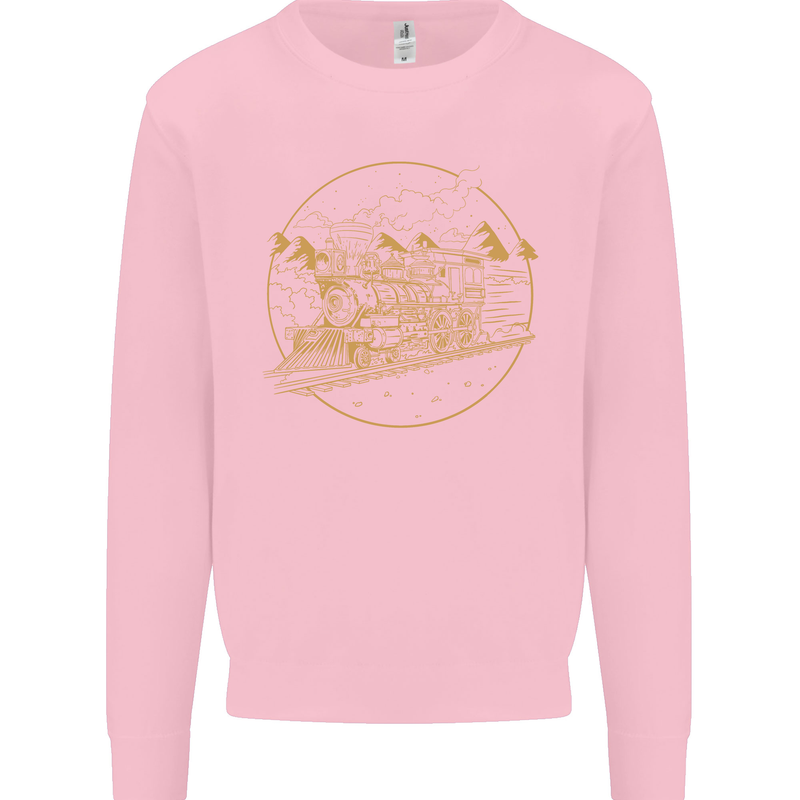 Gold Locomotive Steam Engine Train Spotter Kids Sweatshirt Jumper Light Pink