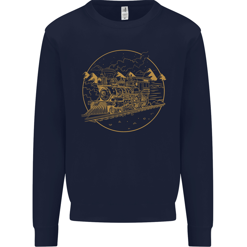 Gold Locomotive Steam Engine Train Spotter Kids Sweatshirt Jumper Navy Blue