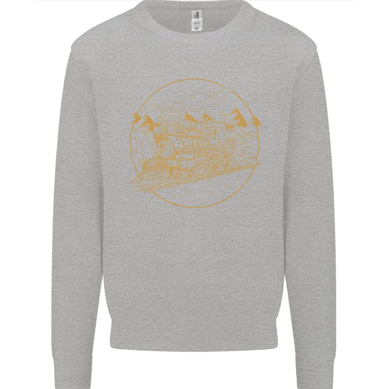 Gold Locomotive Steam Engine Train Spotter Kids Sweatshirt Jumper Sports Grey