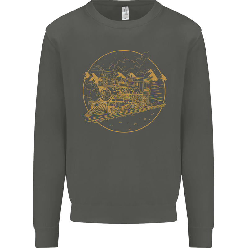 Gold Locomotive Steam Engine Train Spotter Kids Sweatshirt Jumper Storm Grey