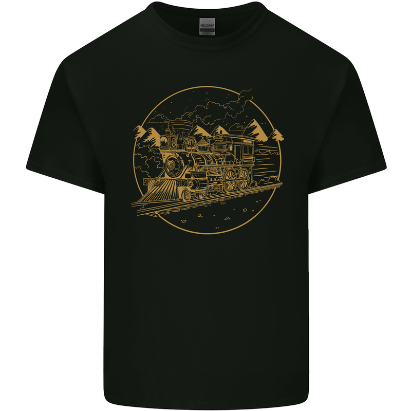Gold Locomotive Steam Engine Train Spotter Kids T-Shirt Childrens Black