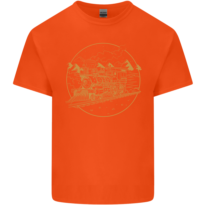 Gold Locomotive Steam Engine Train Spotter Kids T-Shirt Childrens Orange