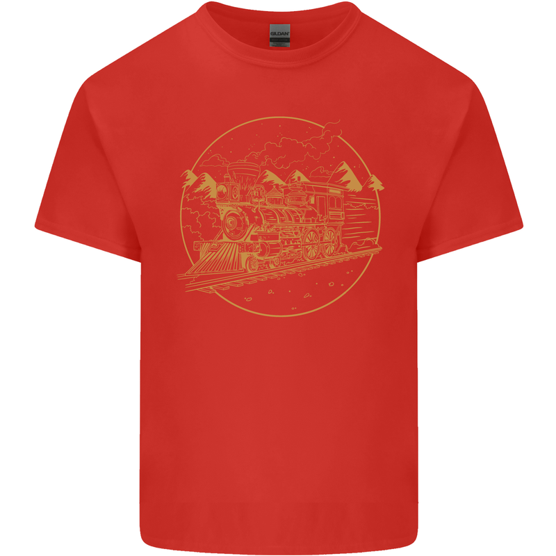 Gold Locomotive Steam Engine Train Spotter Kids T-Shirt Childrens Red