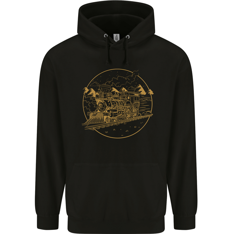 Gold Locomotive Steam Engine Train Spotter Mens 80% Cotton Hoodie Black