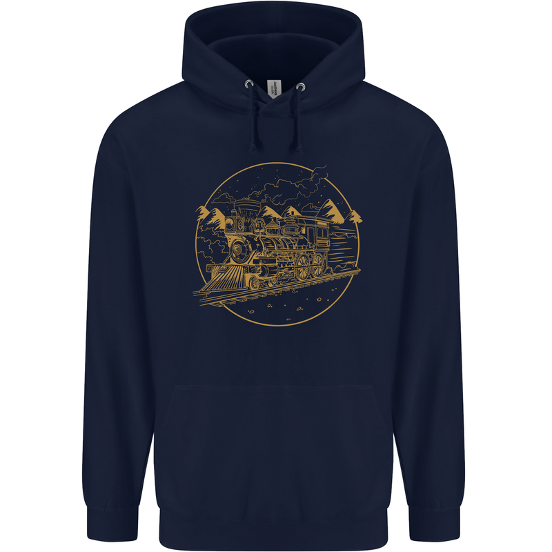 Gold Locomotive Steam Engine Train Spotter Mens 80% Cotton Hoodie Navy Blue