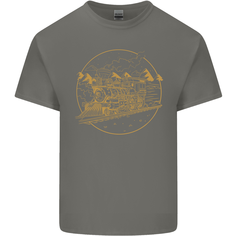 Gold Locomotive Steam Engine Train Spotter Mens Cotton T-Shirt Tee Top Charcoal