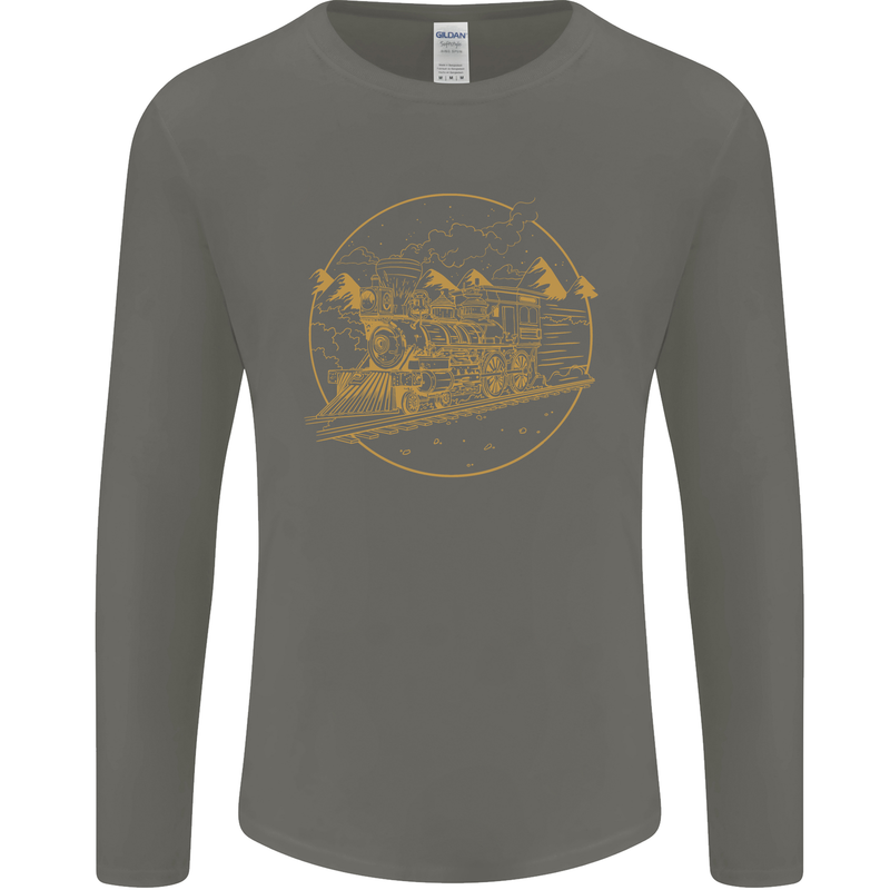 Gold Locomotive Steam Engine Train Spotter Mens Long Sleeve T-Shirt Charcoal
