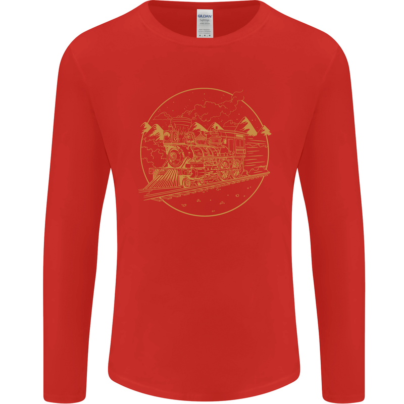 Gold Locomotive Steam Engine Train Spotter Mens Long Sleeve T-Shirt Red