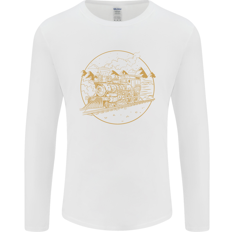 Gold Locomotive Steam Engine Train Spotter Mens Long Sleeve T-Shirt White