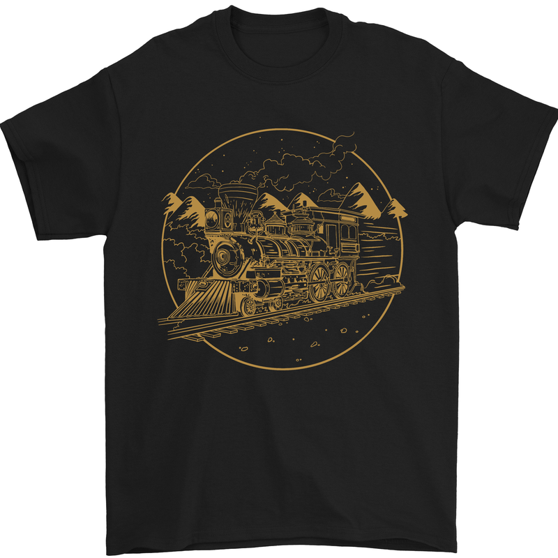 Gold Locomotive Steam Engine Train Spotter Mens T-Shirt 100% Cotton Black