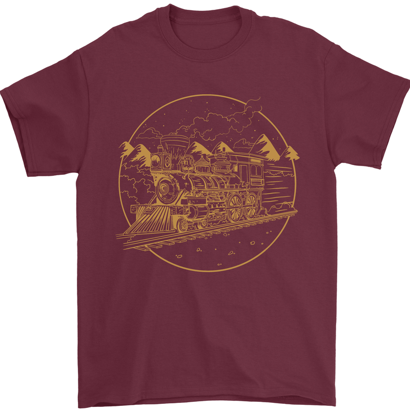Gold Locomotive Steam Engine Train Spotter Mens T-Shirt 100% Cotton Maroon