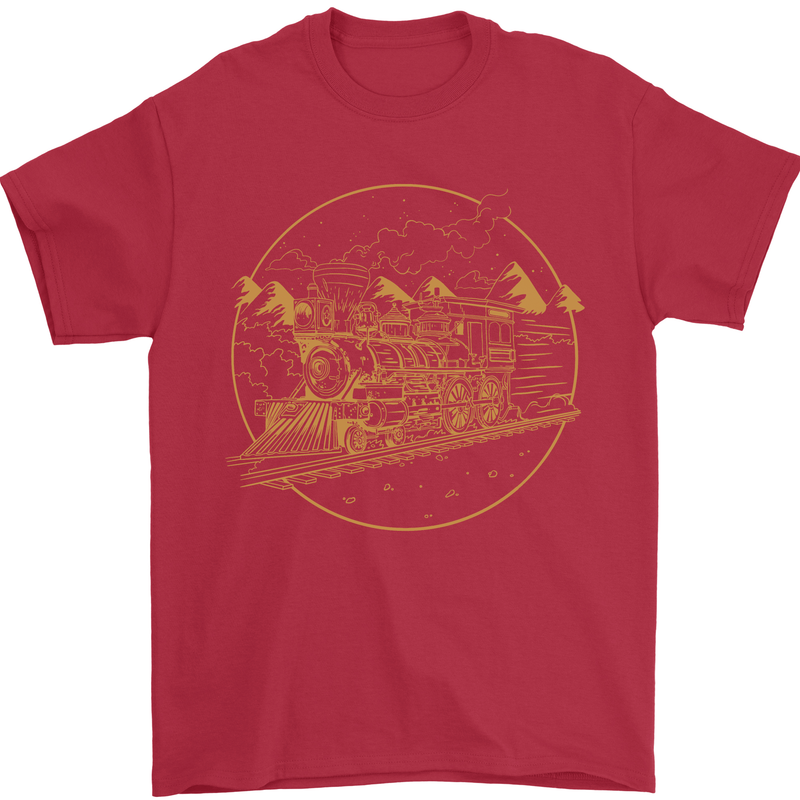 Gold Locomotive Steam Engine Train Spotter Mens T-Shirt 100% Cotton Red