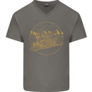 Gold Locomotive Steam Engine Train Spotter Mens V-Neck Cotton T-Shirt Charcoal