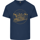 Gold Locomotive Steam Engine Train Spotter Mens V-Neck Cotton T-Shirt Navy Blue