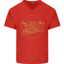 Gold Locomotive Steam Engine Train Spotter Mens V-Neck Cotton T-Shirt Red
