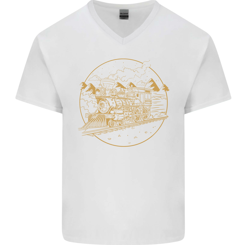 Gold Locomotive Steam Engine Train Spotter Mens V-Neck Cotton T-Shirt White