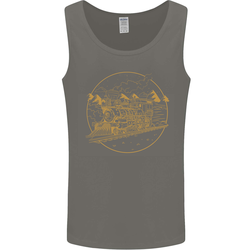Gold Locomotive Steam Engine Train Spotter Mens Vest Tank Top Charcoal