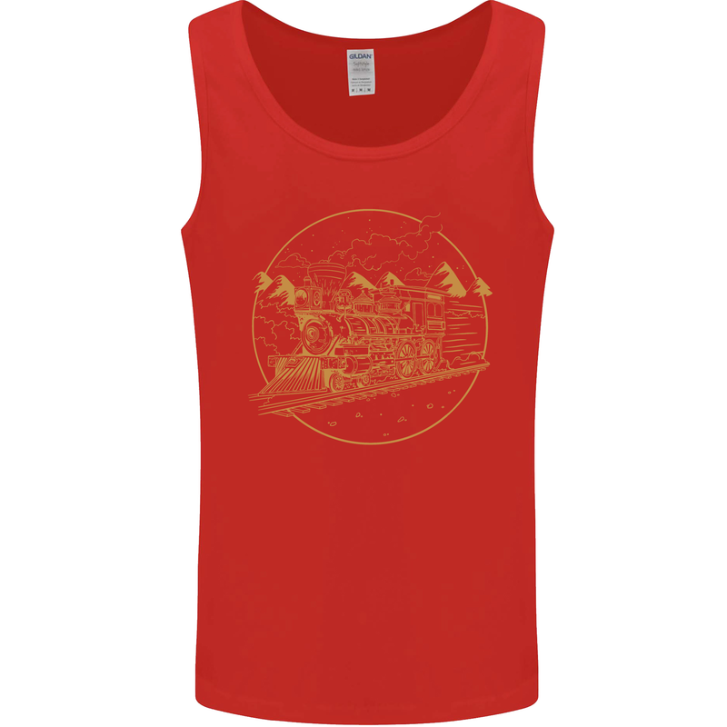 Gold Locomotive Steam Engine Train Spotter Mens Vest Tank Top Red