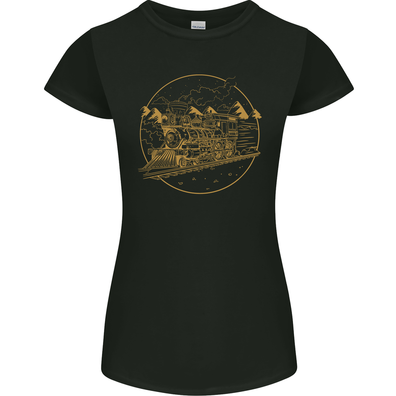 Gold Locomotive Steam Engine Train Spotter Womens Petite Cut T-Shirt Black