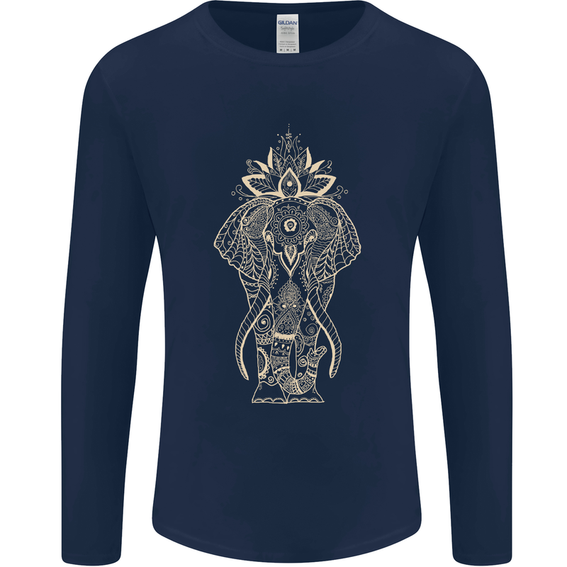 Gold Mandala Art Elephant Mens Long Sleeve T-Shirt Navy Blue
