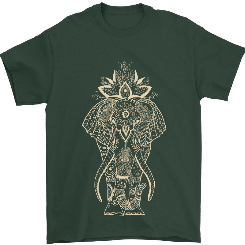 Gold Mandala Art Elephant Mens T-Shirt Cotton Gildan Forest Green