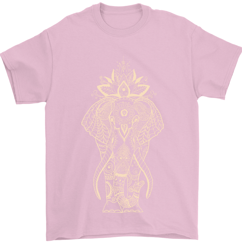 Gold Mandala Art Elephant Mens T-Shirt Cotton Gildan Light Pink