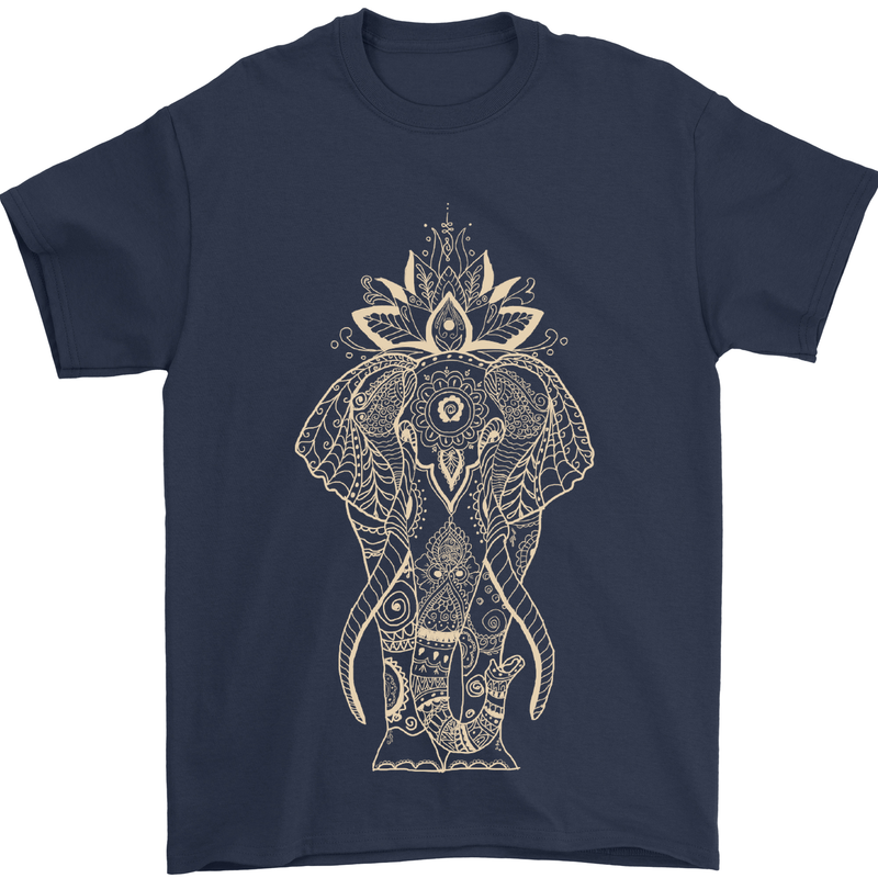 Gold Mandala Art Elephant Mens T-Shirt Cotton Gildan Navy Blue