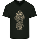 Gold Mandala Art Elephant Mens V-Neck Cotton T-Shirt Black