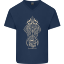 Gold Mandala Art Elephant Mens V-Neck Cotton T-Shirt Navy Blue