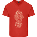 Gold Mandala Art Elephant Mens V-Neck Cotton T-Shirt Red