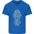 Gold Mandala Art Elephant Mens V-Neck Cotton T-Shirt Royal Blue