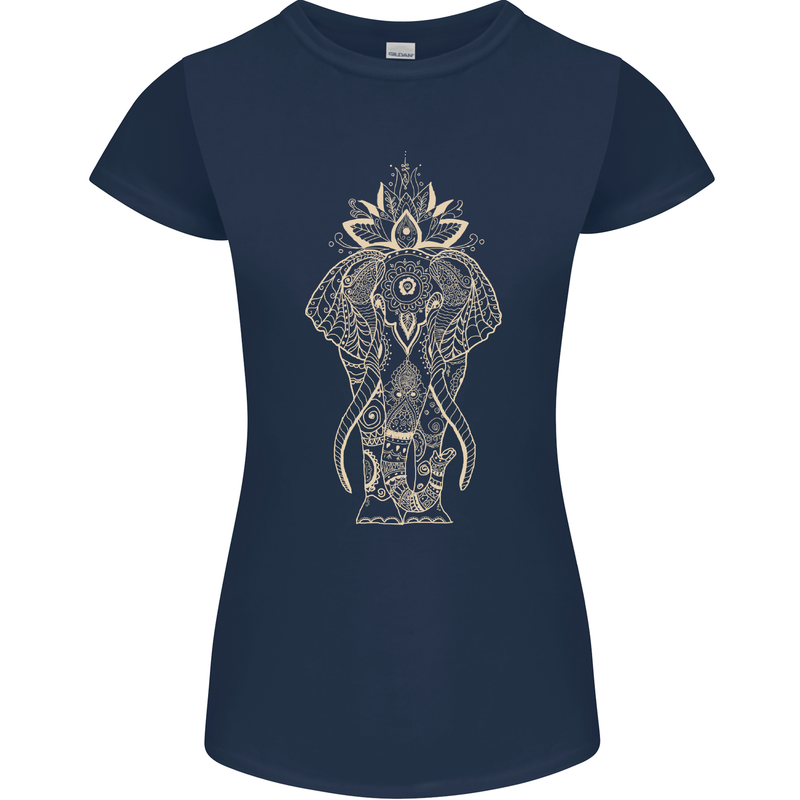 Gold Mandala Art Elephant Womens Petite Cut T-Shirt Navy Blue