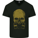 Gold Skull Gas Mask Biker Gothic Mens V-Neck Cotton T-Shirt Black