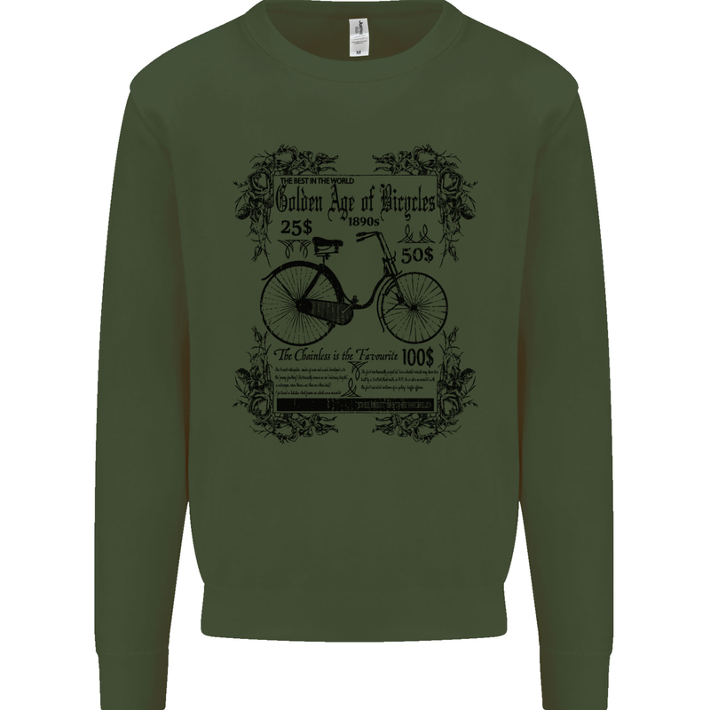 Golden Age of Bicycles Cycling Cyclist Kids Sweatshirt Jumper Forest Green